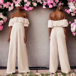 Fame & Partners x BHLDN Tassiah 2 | XS Ivory Silky Wide-Leg Wedding Jumpsuit